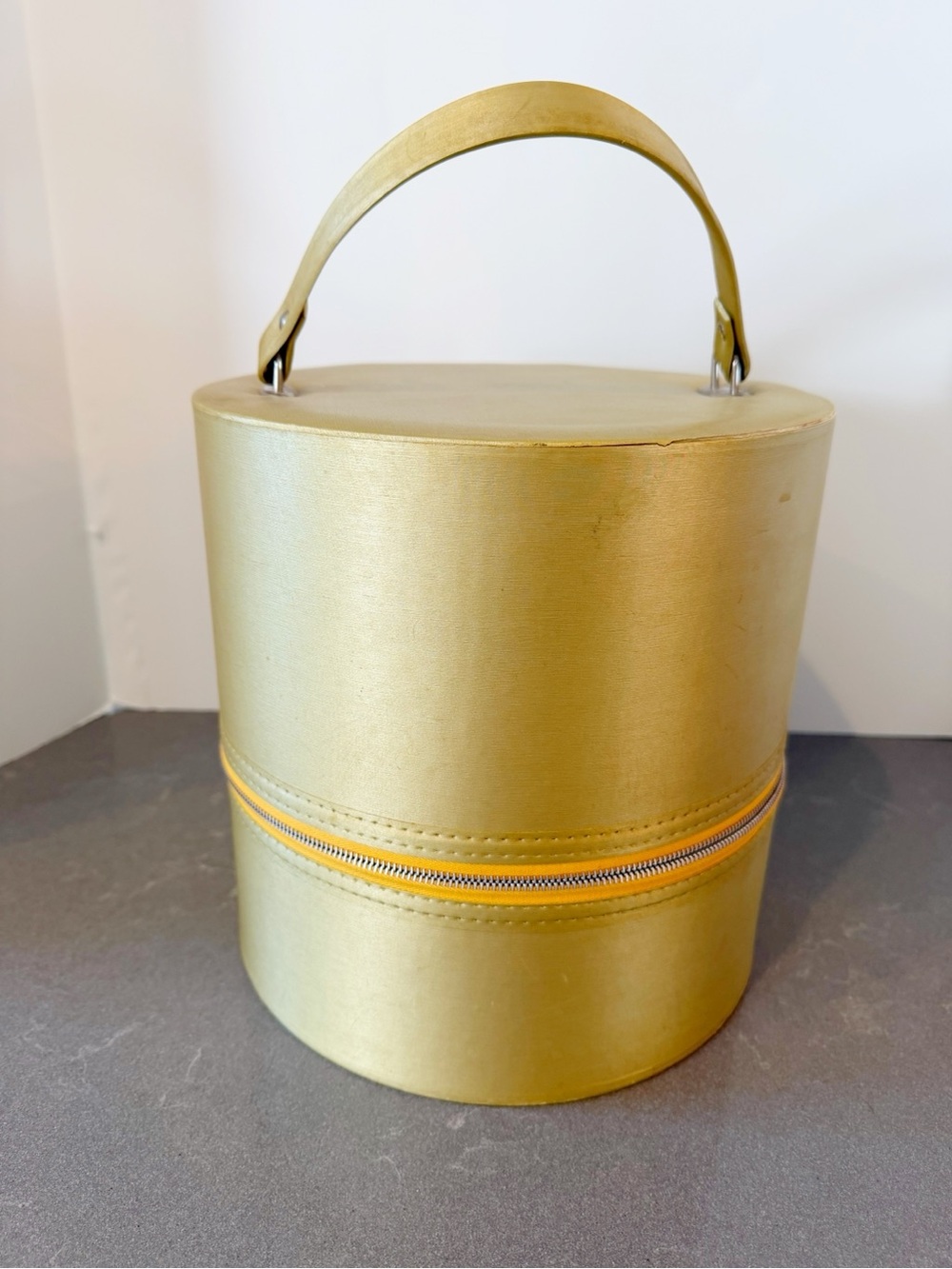 Vintage MCM Gold tone round Wig or Hat zippered case travel luggage w handle